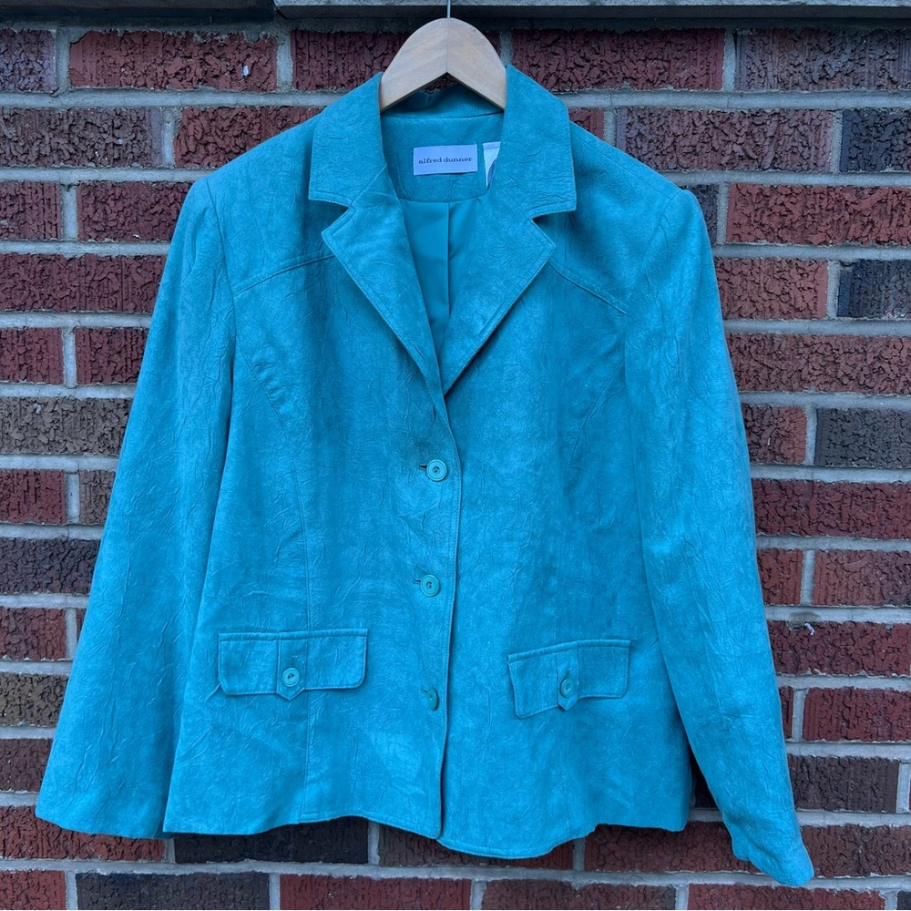 Alfred Dunner Teal Blue Faux Suede Collared Blazer Jacket